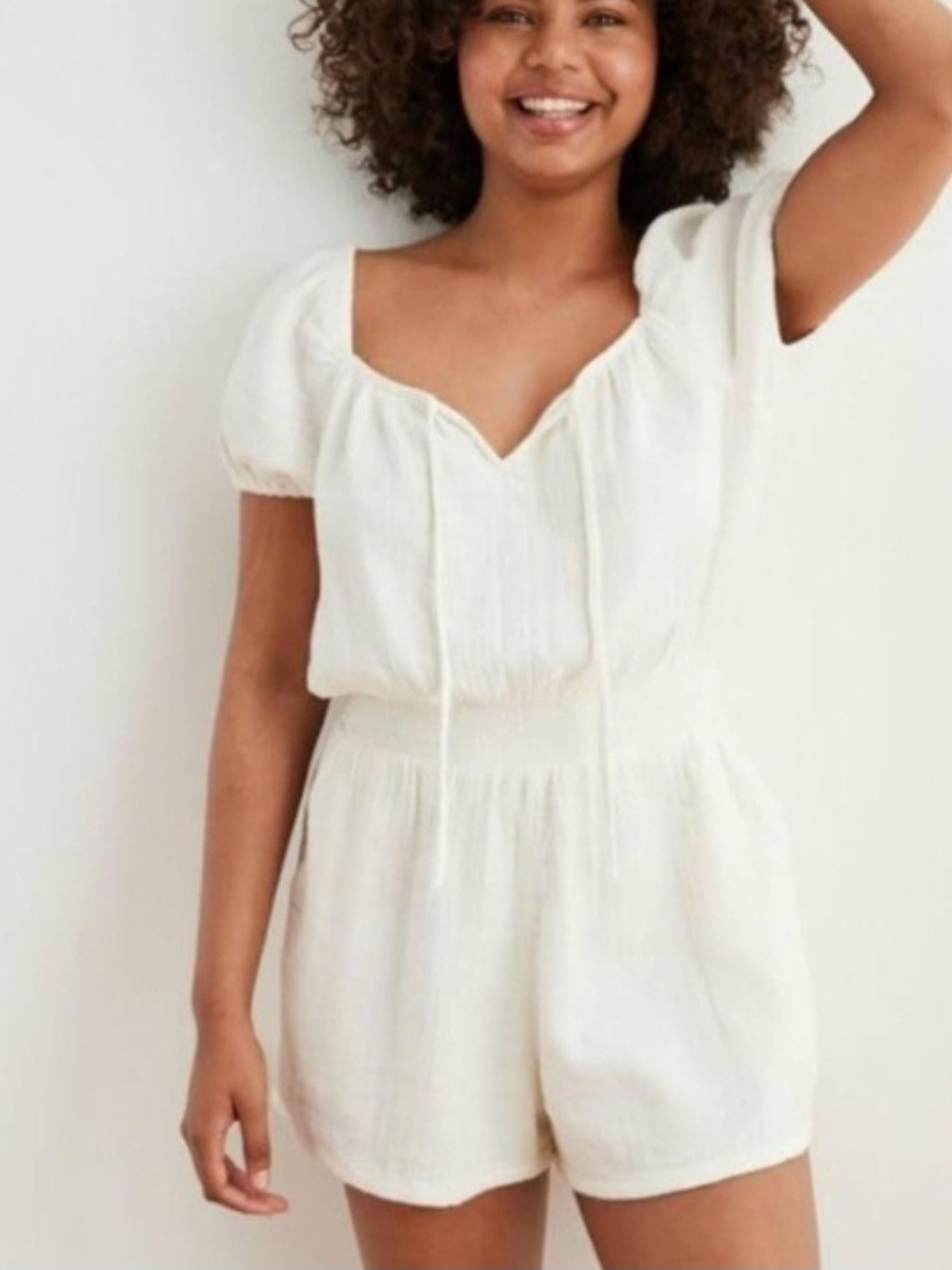 AERIE Puff-Sleeve Short Romper 100% Cotton White/Ivory Sz 4